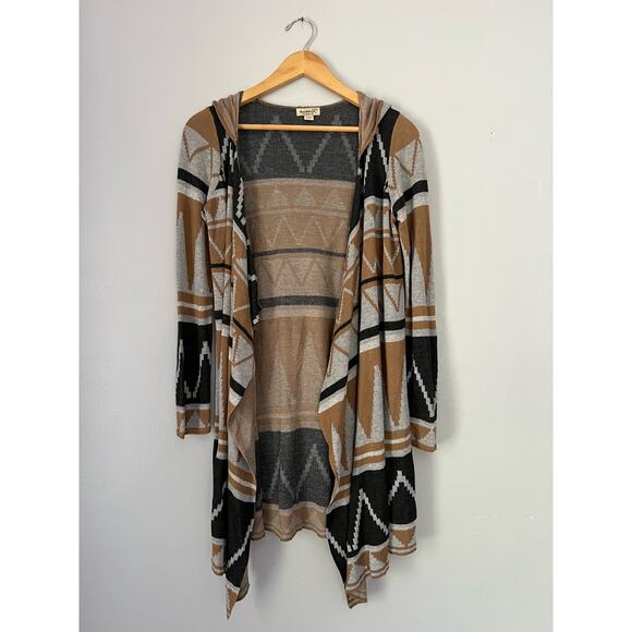 One World Hooded Open Front Cardigan Womens Size M Geometric Boho Layer - Picture 1 of 6
